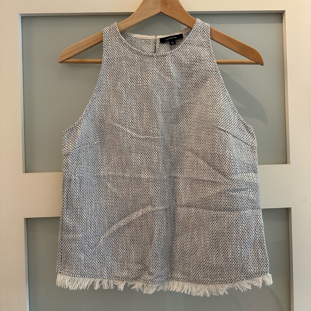 DREW Woven Tank Top Crop Cropped Blouse Sleeveless Fringe Light Blue White S